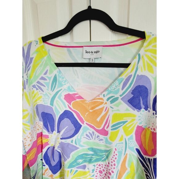 Leo & Ugo Paris 3 Sweater Womens Multi Color Floral US 48 V-Neck XL Nylon - Picture 4 of 7